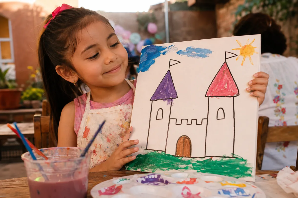 Niña presentando su pintura personalizada de un castillo